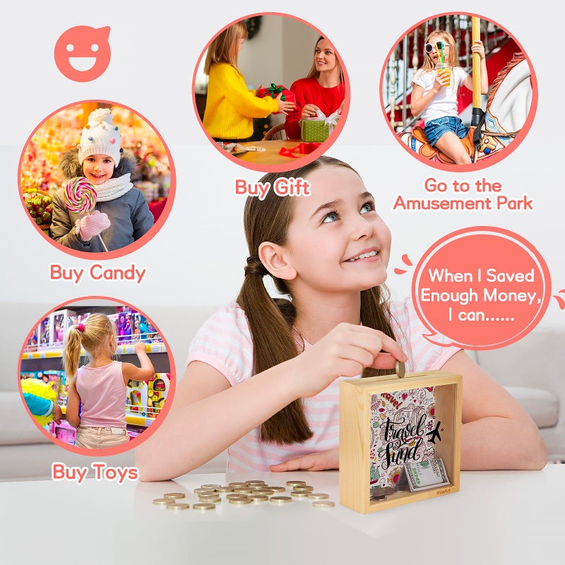 HuaArt Piggy Bank for Kids. Wooden Money Coin Bank for Boys and Girlsï¼ŒCoin Bank Money Bankï¼ŒNatural Wood Money Boxï¼ŒTravel Fund Printed on The Plexiglass Front. - Image 5